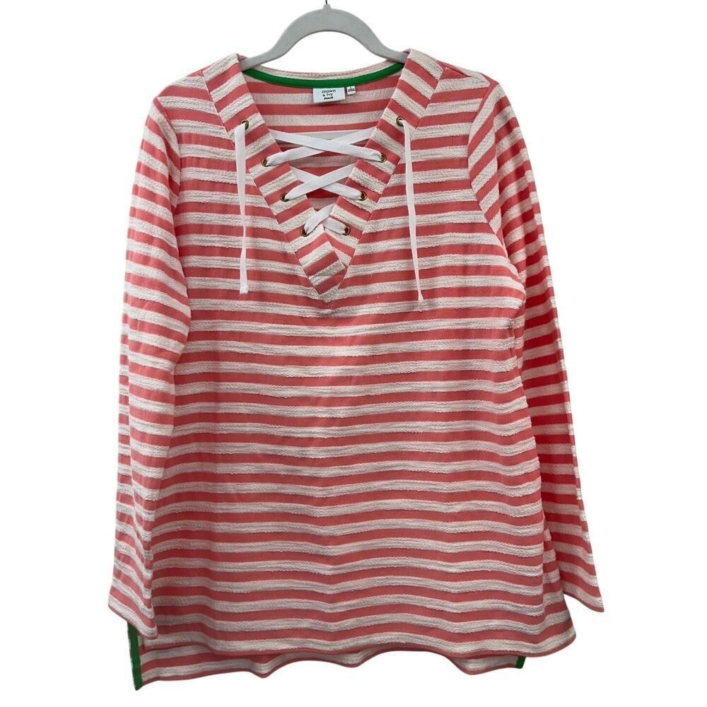 Crown & Ivy Womens Coastal Lace Up Top Nautic Coral White Striped Beach Terry L